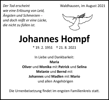 Traueranzeige von Johannes Hompf von Schwäbische Post