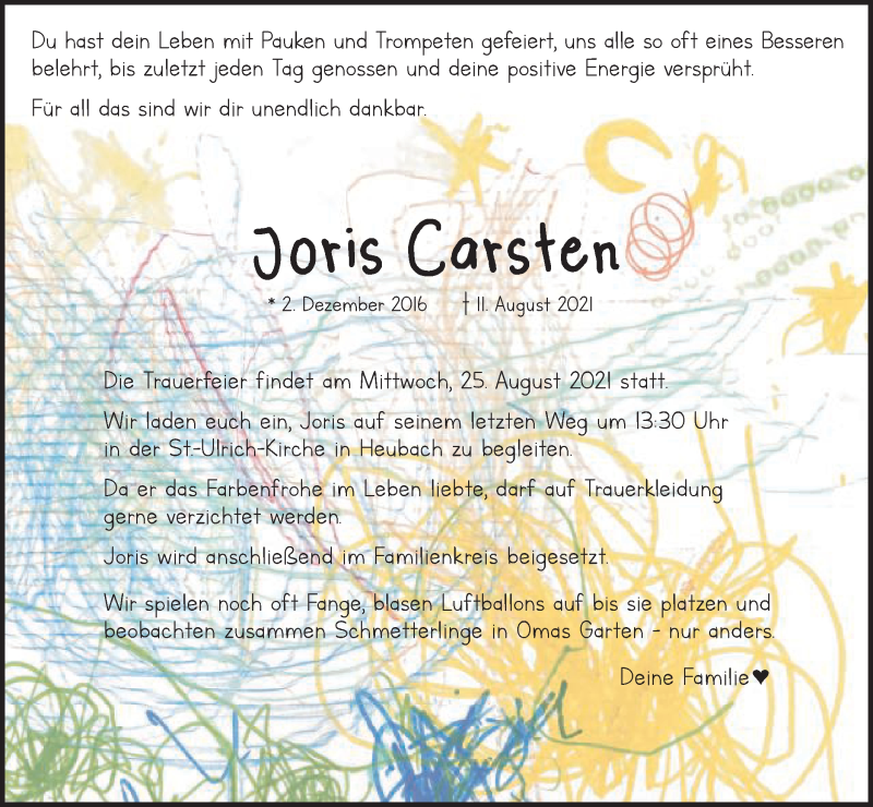  Traueranzeige für Joris Carsten vom 17.08.2021 aus Gmünder Tagespost