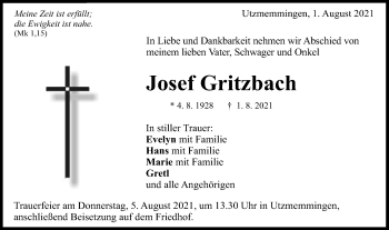 Traueranzeige von Josef Gritzbach von Schwäbische Post