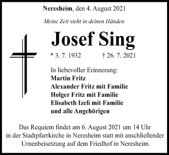 Traueranzeige von Josef Sing von Schwäbische Post