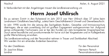 Traueranzeige von Josef Uhlirsch von Schwäbische Post
