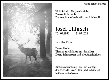 Traueranzeige von Josef Uhlirsch von Schwäbische Post
