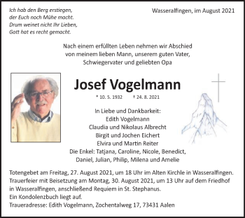 Traueranzeige von Josef Vogelmann von Schwäbische Post
