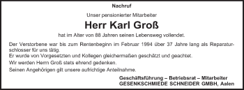 Traueranzeige von Karl Groß von Schwäbische Post