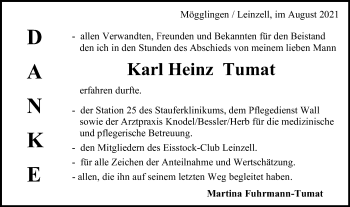Traueranzeige von Karl Heinz Tumat von Gmünder Tagespost