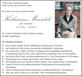 Traueranzeige von Katharina Marschik von Schwäbische Post