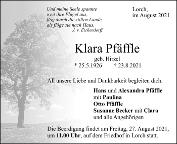 Traueranzeige von Klara Pfäffle von Gmünder Tagespost
