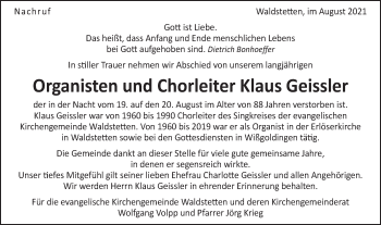 Traueranzeige von Klaus Geissler von Gmünder Tagespost