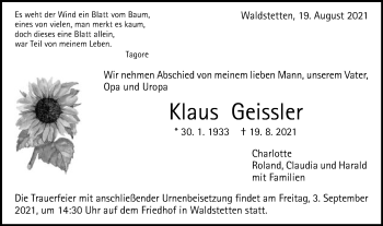 Traueranzeige von Klaus Geissler von Gmünder Tagespost
