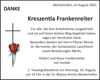 Traueranzeige von Kreszentia Frankenreiter von Schwäbische Post