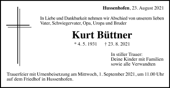 Traueranzeige von Kurt Büttner von Gmünder Tagespost
