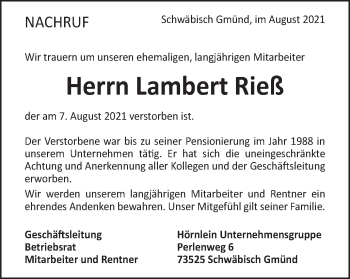 Traueranzeige von Lambert Rieß von Gmünder Tagespost