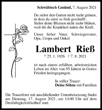 Traueranzeige von Lambert Rieß von Gmünder Tagespost