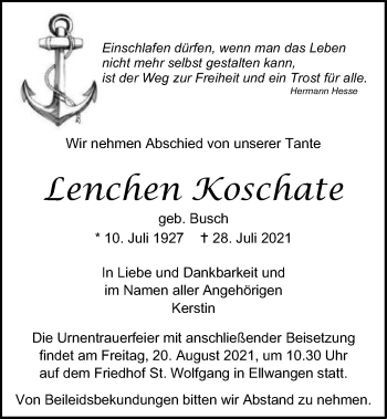 Traueranzeige von Lenchen Koschate von Schwäbische Post