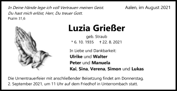 Traueranzeige von Luzia Grießer von Schwäbische Post