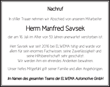 Traueranzeige von Manfred Savsek von Schwäbische Post