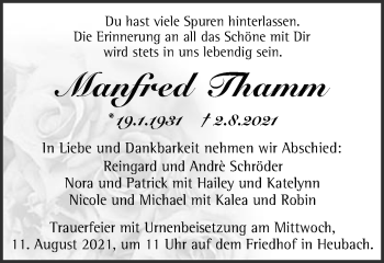 Traueranzeige von Manfred Thamm von Gmünder Tagespost