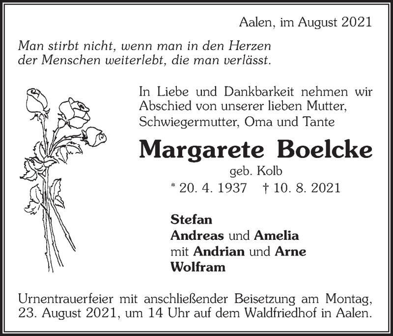  Traueranzeige für Margarete Boelcke vom 18.08.2021 aus Schwäbische Post
