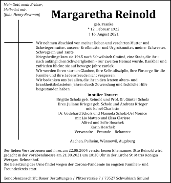 Traueranzeige von Margaretha Reinold von Gmünder Tagespost