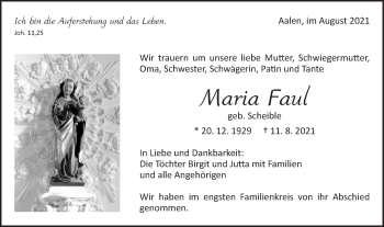 Traueranzeige von Maria Faul  von Schwäbische Post