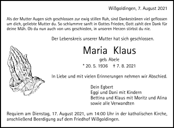 Traueranzeige von Maria Klaus von Gmünder Tagespost