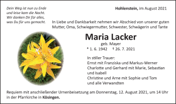 Traueranzeige von Maria Lacker von Schwäbische Post