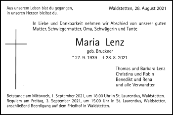 Traueranzeige von Maria Lenz von Gmünder Tagespost