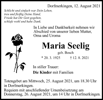 Traueranzeige von Maria Seelig von Schwäbische Post