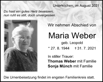 Traueranzeige von Maria Weber von Schwäbische Post