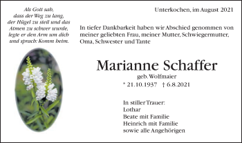 Traueranzeige von Marianne Schaffer von Schwäbische Post