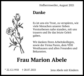 Traueranzeige von Marion Abele von Schwäbische Post