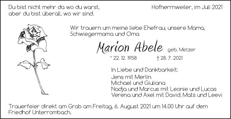  Traueranzeige für Marion Abele vom 04.08.2021 aus Schwäbische Post