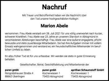 Traueranzeige von Marion Abele von Schwäbische Post