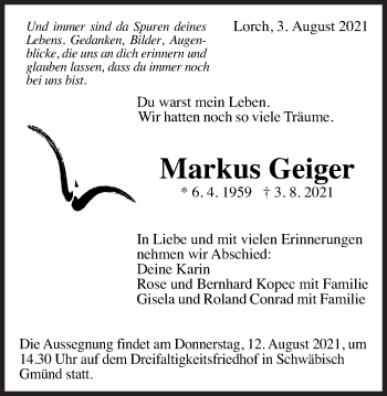 Traueranzeige von Markus Geiger von Gmünder Tagespost