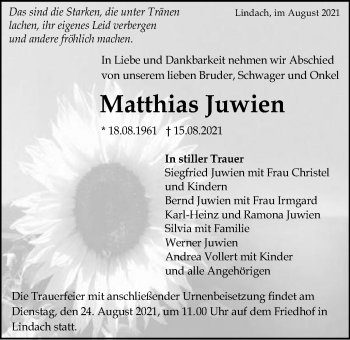 Traueranzeige von Matthias Juwien von Gmünder Tagespost