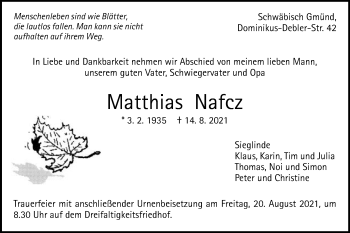 Traueranzeige von Matthias Nafcz von Gmünder Tagespost