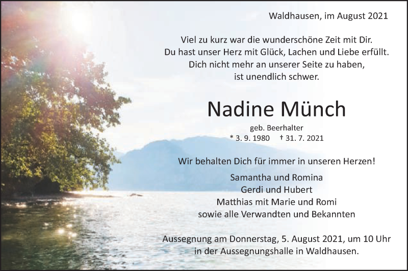  Traueranzeige für Nadine Münch vom 03.08.2021 aus Schwäbische Post