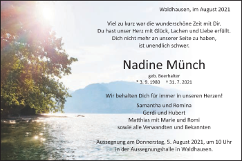 Traueranzeige von Nadine Münch von Schwäbische Post