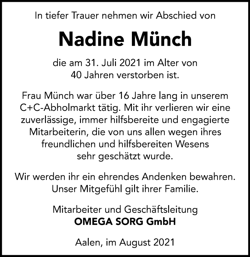  Traueranzeige für Nadine Münch vom 04.08.2021 aus Schwäbische Post