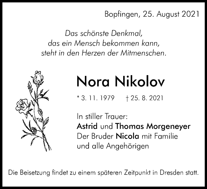 Traueranzeige für Nora Nikolov vom 30.08.2021 aus Schwäbische Post