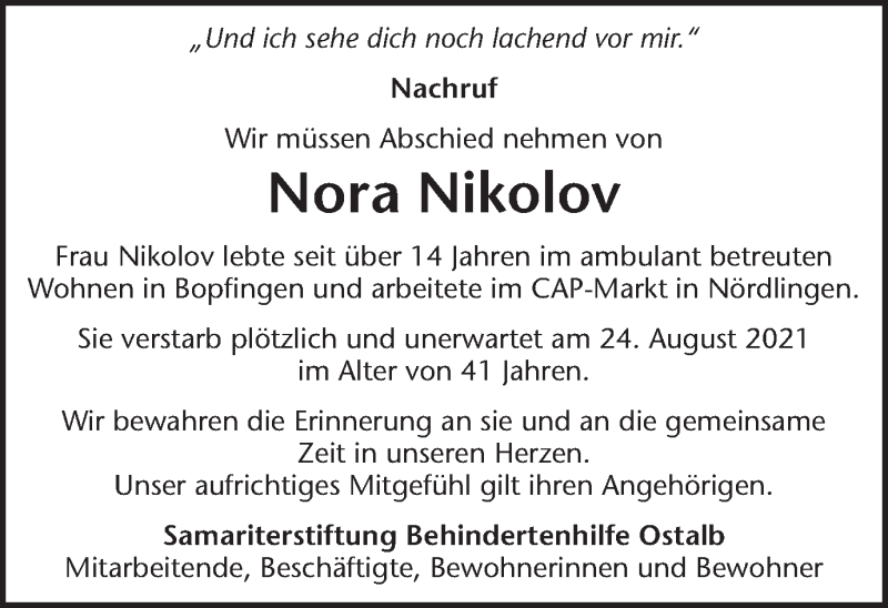  Traueranzeige für Nora Nikolov vom 31.08.2021 aus Schwäbische Post