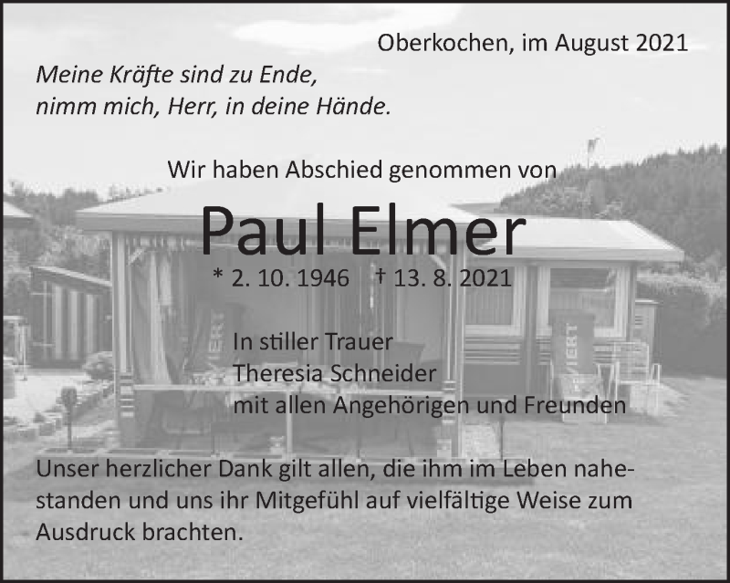  Traueranzeige für Paul Elmer vom 27.08.2021 aus Amtsblatt_Oko