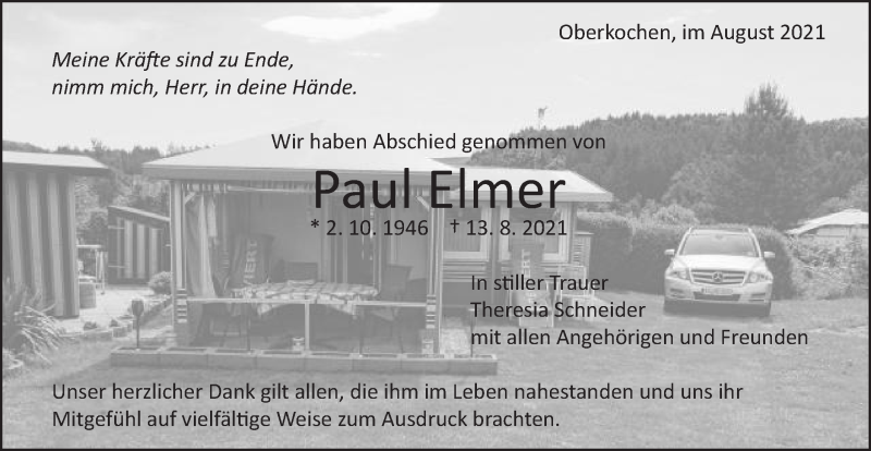  Traueranzeige für Paul Elmer vom 27.08.2021 aus Schwäbische Post