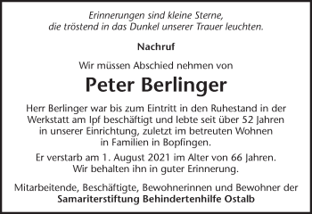 Traueranzeige von Peter Berlinger von Schwäbische Post