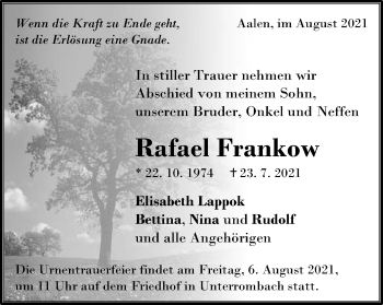 Traueranzeige von Rafael Frankow von Schwäbische Post