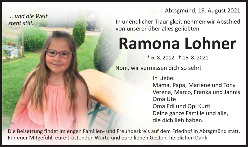  Traueranzeige für Ramona Lohner vom 19.08.2021 aus Schwäbische Post