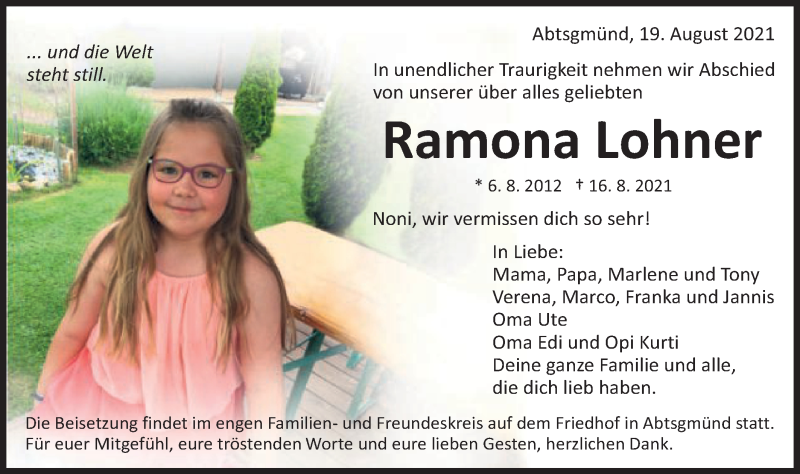  Traueranzeige für Ramona  Lohner  vom 19.08.2021 aus Schwäbische Post
