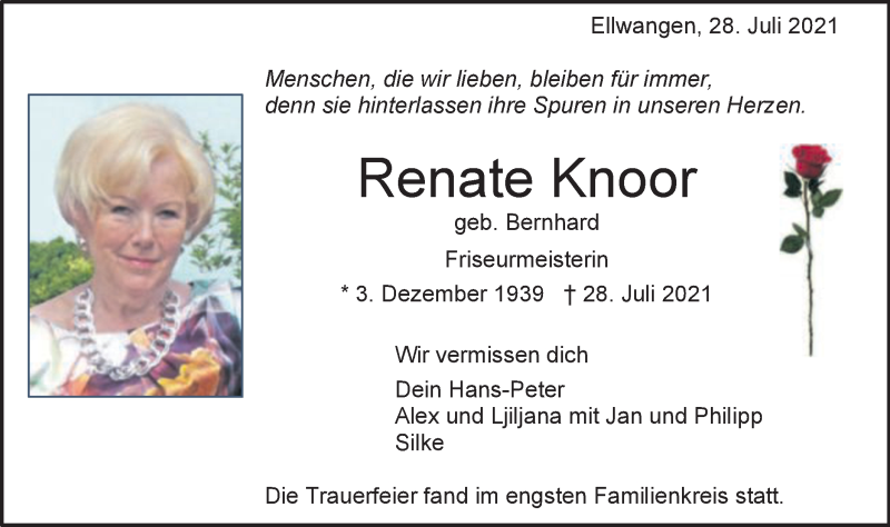  Traueranzeige für Renate Knoor vom 04.08.2021 aus Schwäbische Post