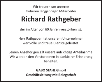 Traueranzeige von Richard Rathgeber von Schwäbische Post