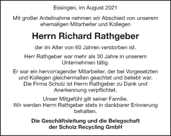 Traueranzeige von Richard Rathgeber von Schwäbische Post
